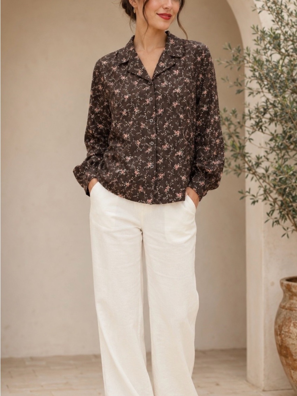 Laura Ashley Vintage 90s Cottagecore Brown Pink Ditsy Floral Blouse US 14 - XL